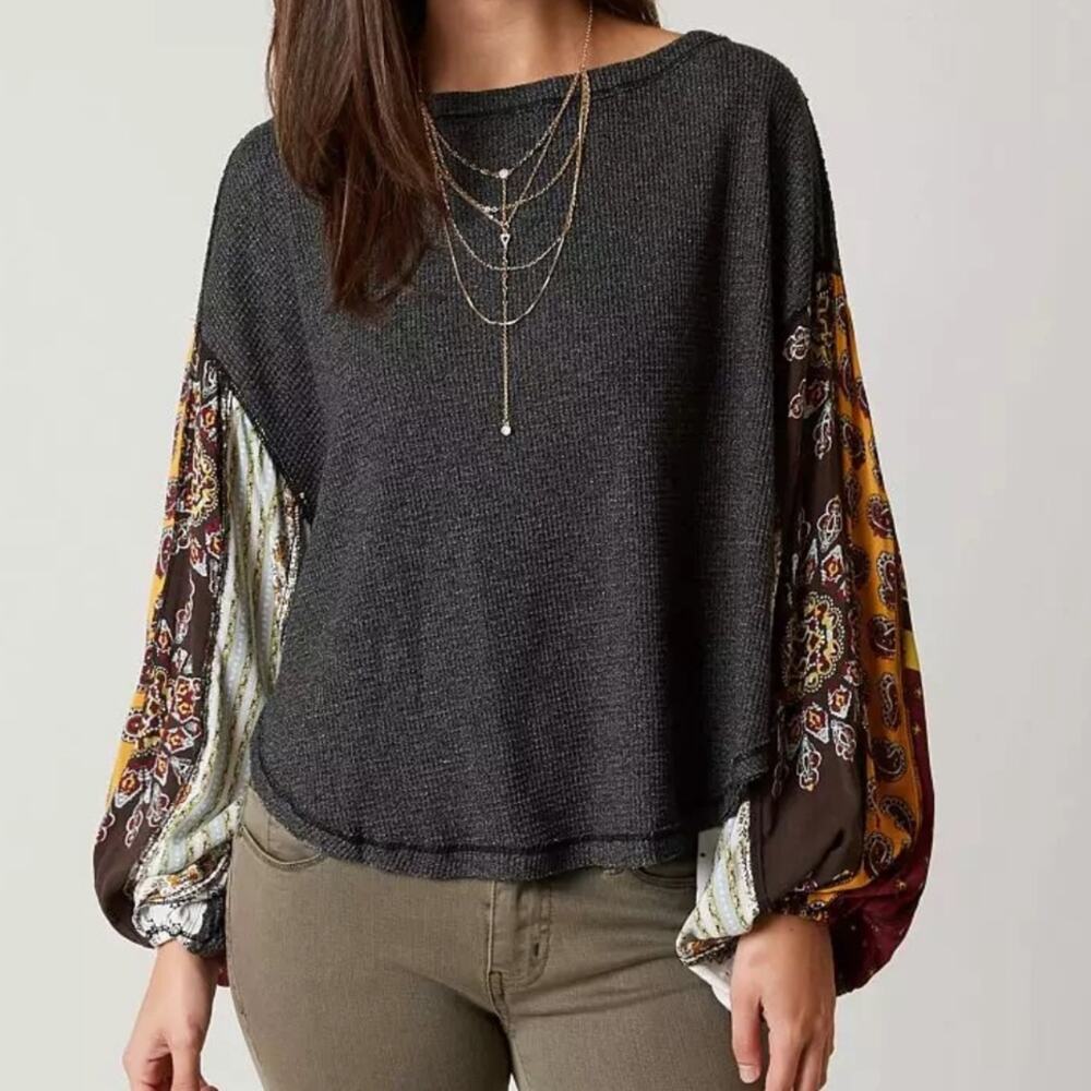 Free people Blossom Thermal Topβ ballon sleeve patchwork Sz XS oversized